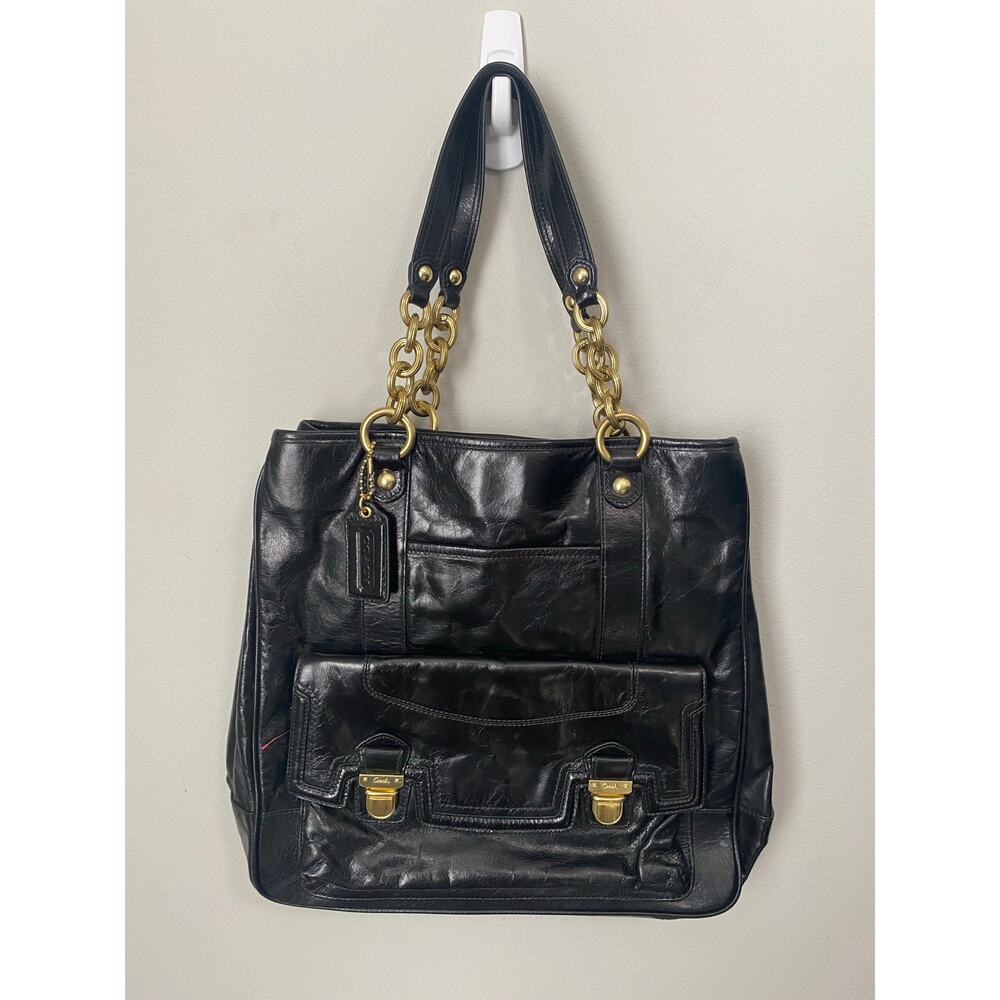 Vintage Y2K Coach Poppy Plushlock Black Leather Tote Shoulder Bag